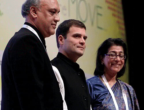 Congress Vice President Rahul Gandhi with FICCI President Naina Lal Kidwai and President-elect Sidharth Birla at 86th Annual General Meeting of FICCI in New Delhi on Saturday. PTI Phot