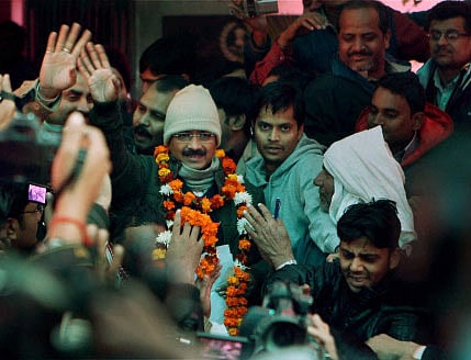 Delhi Chief Minister Arvind Kejriwal meets people during Janta Darbar at his residence in Kaushambi, Ghaziabad on Sunday. PTI Photo