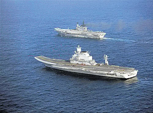 INS Vikramaditya awaits suitable tidal conditions. PTI