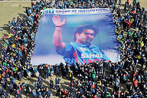 School students pay tribute to Master Blaster Sachin Tendulkar in Jalandhar. File photo- PTI