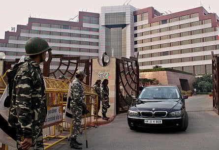 Security personnel stands outside the Delhi Secretariat for the security of Delhi Chief Minister Arvind Kejriwal and other AAP leaders and MLA's after attack on AAP office in Kaushambi, Gaziabad, during a protest in New Delhi. PTI photo