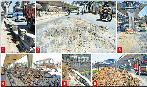 Dangerous ride: A combo photo shows the bad condition of Mysore Road near Nayandahalli junction. (1) Cement blocks used as road divider. (2) The asphalt has completely peeled off near the Nayandahalli-PES Institute Outer Ring Road junction. (3) The road damaged due to work on flyover construction. (4&6) Debris dumped near the flyover work site. (5) The retaining wall of the stormwater drain next to Kavika in bad shape. dh photos