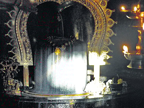Sunrays fall on the linga at the Gavi Gangadhareshwara  Temple in Gavipuram on Tuesday.