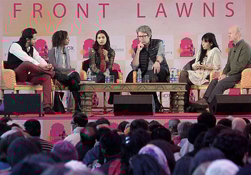 Jhumpa Lahiri, Jonathan Franzen, Jim Crace, Maaza Mengiste and Xiaolu Gue during the Jaipur Literature Festival in Jaipur on Saturday. PTI Photo