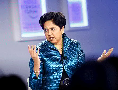 Indra Nooyi, Chairman and Chief Executive Officer of PepsiCo gestures during a session at the annual meeting of the World Economic Forum (WEF) in Davos January 24, 2014. REUTERS