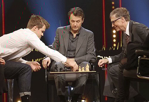 Newly crowned Norwegian world chess champion Magnus Carlsen took just nine moves to checkmate Bill Gates in a speed game to be aired later on Friday. Video Grab.