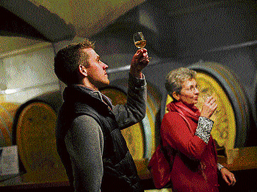 Visitors taste wine in the tasting room of Denbies Wine Estate in Dorking, England. Photo by Warrick Page/NYT