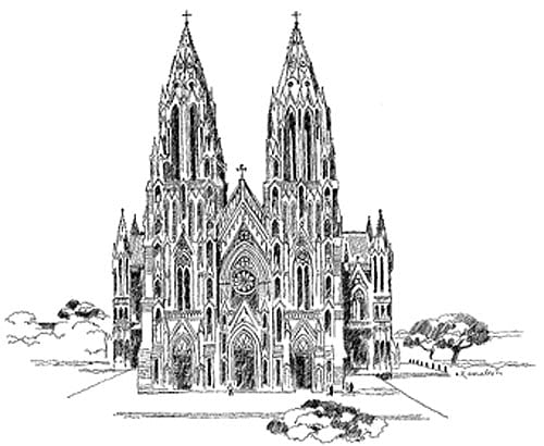 The sketch of St Philomena's Church in Mysore drawn by artist Kamalesh in one sitting, without any revision.
