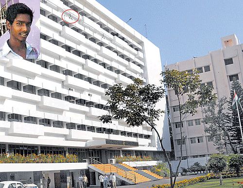 Deepak (inset) who fell to his death at the State Police Headquarters in the City on Monday. dh photo