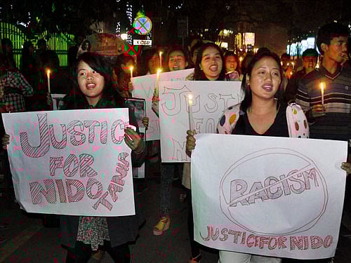Various organisations and students from the northeastern states, demanding justice over Taniam's killing, have held protests in the city. PTI photo