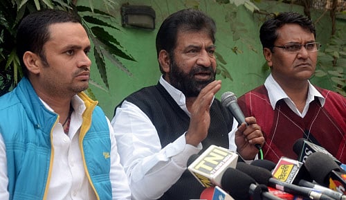 Former AAP MLA Vinod Kumar Binny with Shoaib Iqbal and Rambir Shokeen during a press conference in New Delhi on Sunday. PTI Photo