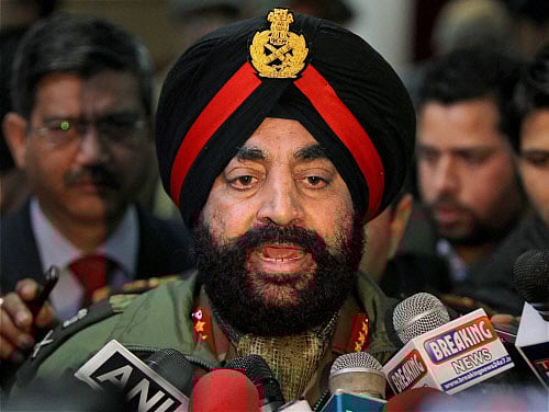 General Officer Commanding of 15 Corps Lt. Gen. Gurmeet Singh speaking to media at Badami Bagh headquarters in Srinagar on Saturday. PTI Photo