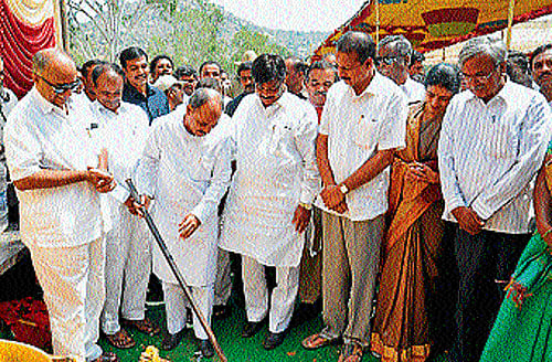 Medical Education Minister Dr Sharan Prakash R Patil participates in the ground breaking ceremony for the construction Chamarajanagar Institute of Medical Sciences at Yadapura in Chamarajanagar, on Sunday. Ministers H S Mahadeva Prasad, and H C Mahadevappa, MP R Dhruvanarayan, and MLA&#8200;C Puttarangashetty are seen. dh photo