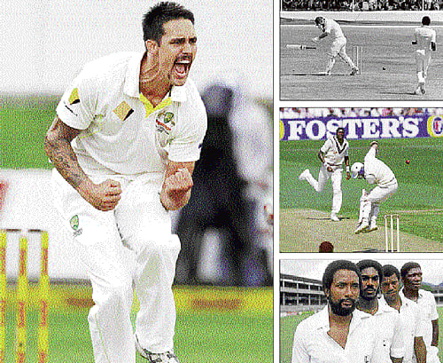 life in the fast lane: Clockwise from left: Mitchell Johnson has revived the art of intimidating fast bowling with his thunderbolts. Malcolm Marshall hits Mike Gatting on his nose. Curtly Ambrose gives a similar treatment to a batsman. The feared Windies pace quartet of (from left) Andy Roberts, Michael Holding, Colin Croft and Joel Garner.
