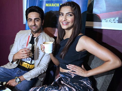 Bollywood actors Sonam Kapoor and Ayushmann Khurrana during the promotion of their film Bewakoofiyaan in Mumbai. PTI Image