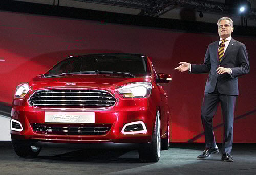 Ford India President Nigel Harris (C) and Vice President (Engineering) Kumar Galhotra (R) at  an unveiling. PTI photo