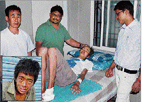 reunion: Sanjay Subba (on the bed) with Subhash Subba (in white T-shirt), Reyaz Kachgal (in white shirt) and Nanda Kumar (in green T-shirt) at the Sanjay Gandhi Hospital. (inset) Sanjay, when found on a footpath near Majestic.