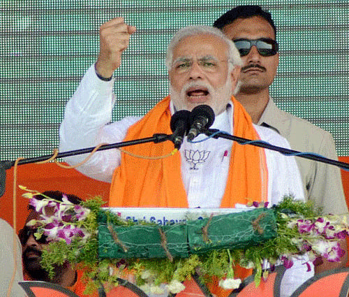 BJP's Prime ministerial candidate Narendra Modi during the BJP- Shiv Sena joint election rally at Nanded ,Maharashtra on Sunday. PTI Photo