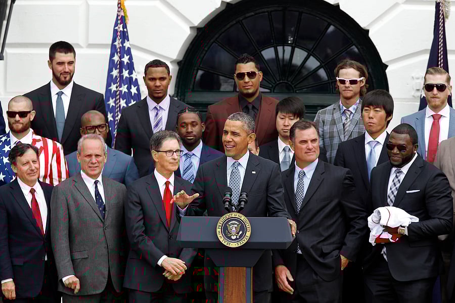 President Barack Obama speaks at a ceremony honoring the 2013 World Series Champion Boston Red Sox on the South Lawn at The White House. AP Photo