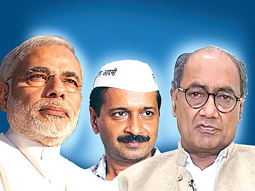 AAP leader Arvind Kejriwal, Digvijay Singh of Congress and BJP's Prime Ministerial candidate Narendra Modi top the list of persons receiving most negative comments on Internet, according to tracking application launched by telecom firm MTS with social media website Social Samosa. DH graphic