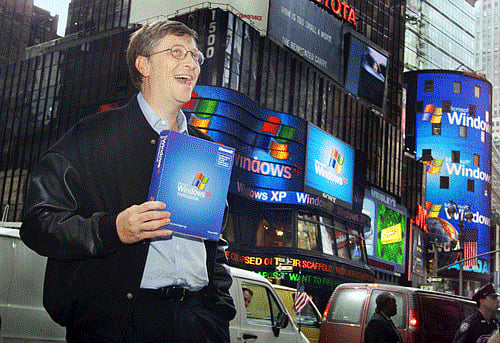 Microsoft chairman Bill Gates stands in New York's Times Square to promote the new Windows XP operating system. AP file photo