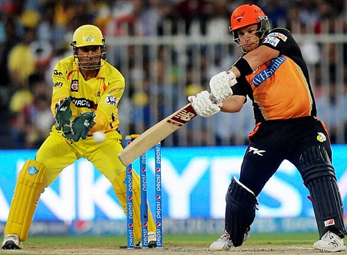 Aaron Finch of the Sunrisers Hyderabad plays a shot during an IPL 7 match against Chennai Superkings in Sharjah on Sunday. PTI Photo