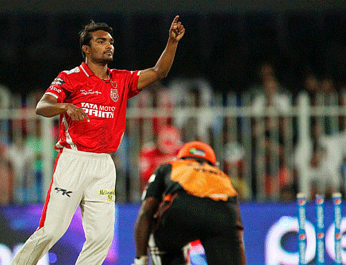 Sandeep Sharma of the Kings X1 Punjab celebrates the wicket of Venugopal Rao of the Sunrisers Hyderabad during an IPL 7 match in Sharjah on Tuesday. PTI Photo