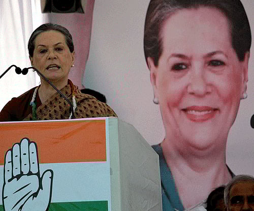 Congress president Sonia Gandhi addresses an election campaign rally in Muzaffarpur on Monday. PTI Photo
