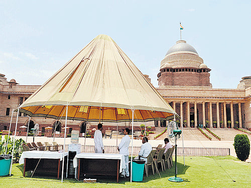 Arrangements in place at Rashtrapati Bhavan for media, which is expected to descend here after counting of votes on May 16. PTI photo