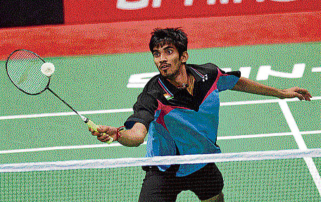 fine start:  India's K Srikanth en route to his win over Marc Zwiebler in the Thomas Cup Finals in New Delhi on Wednesday. pti