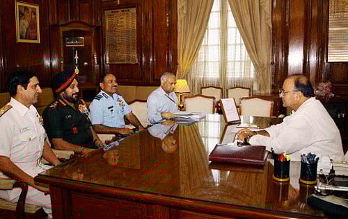 Gen Singh, IAF chief Air Chief Marshal Arup Raha and Navy Chief Admiral R K Dhowan each gave a half-an-hour presentation to Jaitley, whose first job is to provide Defence Ministry inputs for the Union budget. PTI photo