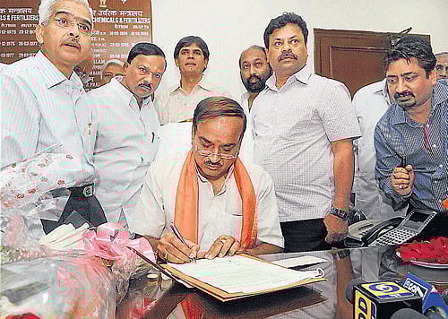 Ananth Kumar takes charge as the Union minister for Chemicals and Fertilizers in New Delhi on Wednesday. PTI Photo