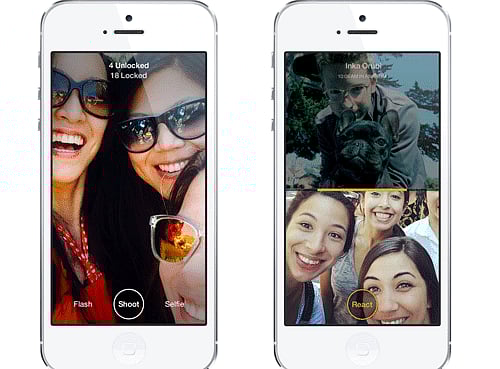 This combo made from images provided by Facebook shows the company's Slingshot app. After accidentally launching the ephemeral messaging app last week, Facebook says Slingshot is now ready for prime time, and owners of Android or Apple's iOS devices can download it starting on Tuesday afternoon, June 17, 2014. AP
