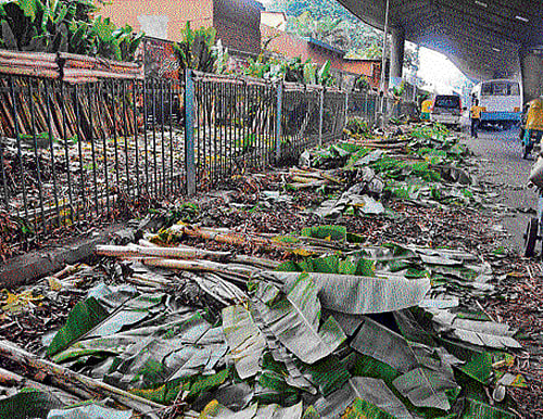 waiting to be cleared: The leftovers of the plantain stems and leaves, after the Ayudha Puja sales, in KR Market. dh Photo