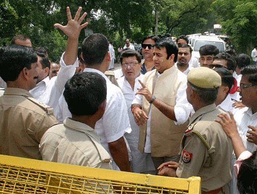 Police detain BJP MLA Sangeet Som on his way to attend the party's Mahapanchayat at Kanth, near Moradabad on Friday. PTI Photo