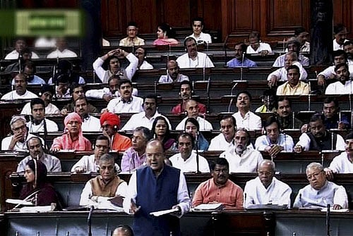 Finance Minister Arun Jaitley speaks in Lok Sabha during the Budget session in New Delhi on Friday. PTI Photo