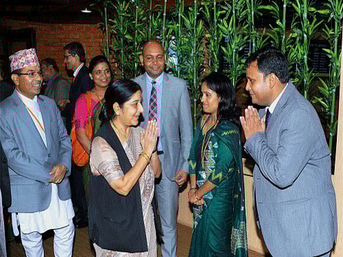 External Affairs Minister Sushma Swaraj upon her arrival at Tribhuvan International Airport in Kathmandu. Looking at further expanding bilateral ties, she today held talks with her Nepalese counterpart Mahendra Bahadur Pandey here on a range of issues and resolved to push for more cooperation in areas such as trade, investment and security. PTI photo