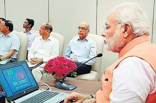 Prime Minister&#8200;Narendra Modi  at the launch of MyGov portal in New Delhi on Saturday. PTI