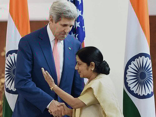 External Affairs Minister Sushma Swaraj on Thursday conveyed to US Secretary of State John Kerry the 'anguish' of people of India over media reports on authorisation of his country's National Security Agency (NSA) to spy on the Bharatiya Janata Party.  PTI photo