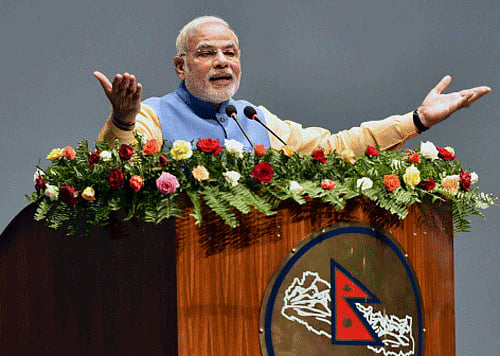 Prime Minister Narendra Modi addressing the Nepalese Parliament in Kathmandu, Nepal on Sunday. PTI Photo