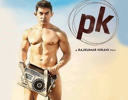 The poster of Rajkumar Hirani's PK features Aamir posing nude with a strategically placed boombox hiding his modesty. Movie poster