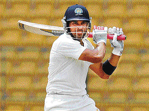 Valiant knock: Haryana's Sachin Rana pulls one to the boundary during his 118 on Thursday. dh photo