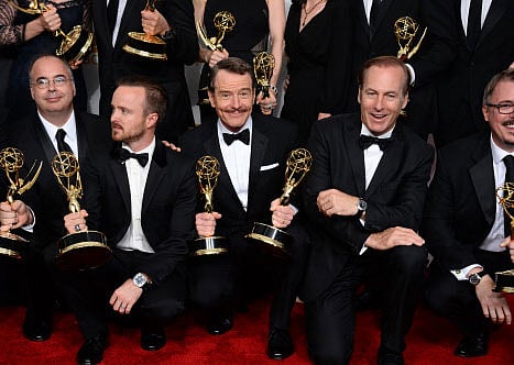 Co-executive producer Thomas Schnauz, from left Aaron Paul, Bryan Cranston and Bob Odenkirk pose in the press room with the award for outstanding drama series for 'Breaking Bad' at the 66th Annual Primetime Emmy Awards at the Nokia Theatre L.A. Live on Monday, Aug. 25, 2014, in Los Angeles. AP photo