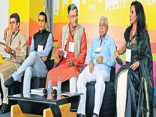 Writers Vikram Sampath, Chetan Bhagat, Girish Karnad, Chandrashekhara Kambara and Shobha De at the Bangalore Literature Festival on Friday. DH photo