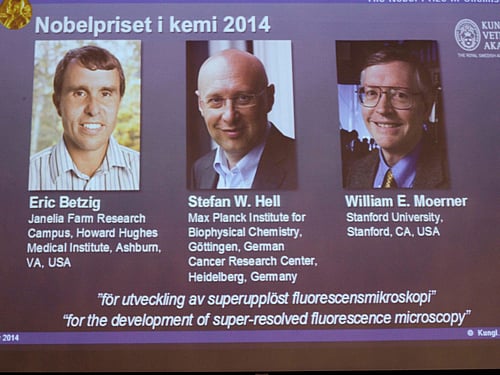 Americans Eric Betzig and William Moerner and German scientist Stefan Hell have won the Nobel Prize in chemistry for the development of super-resolved fluorescence microscopy.AP Photo
