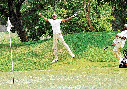 So near yet so far: Overall leader Abhishek Jha reacts after missing a putt at the Eagleton Resort on Friday. Abhishek fired a seven-under 65 on the third day and leads from R Murthy and S Chikkarangappa by six strokes. dh photo/ srikanta sharma R