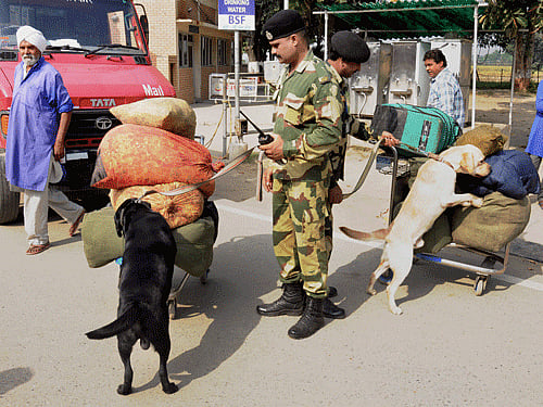 BSF jawans with sniffer dogs checking luggage of passengers at Attari international border on Monday. The security have been beefed up in the region after the Sundays suicide bomb attack at Wagah in Pakistan. PTI Photo