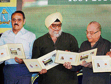 From left: B S Chandrasekhar, Bishan Singh Bedi, CAB President Jagmohan Dalmiya after releasing a stamp marking the 150th anniversary of the Eden Gardens on Tuesday. PTI Photo
