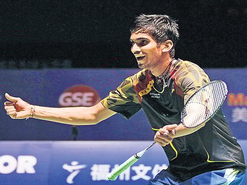India's K Srikanth celebrates his win over Lin Dan in the final of the China Open Super Series Premier in Fuzhou, China on Sunday. It was Srikanth's first Super Series Premier title. AFP