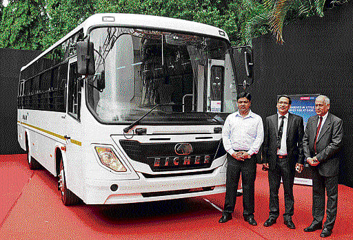 Eicher National Head (Bus Sales) Jagdish Rathod, Vice-President (Marketing) Sanjeev Mahajan and Senior Vice-President Shyam Maller at the Eicher Skyline Pro series of light duty buses in Bengaluru. DH Photo by S K Dinesh
